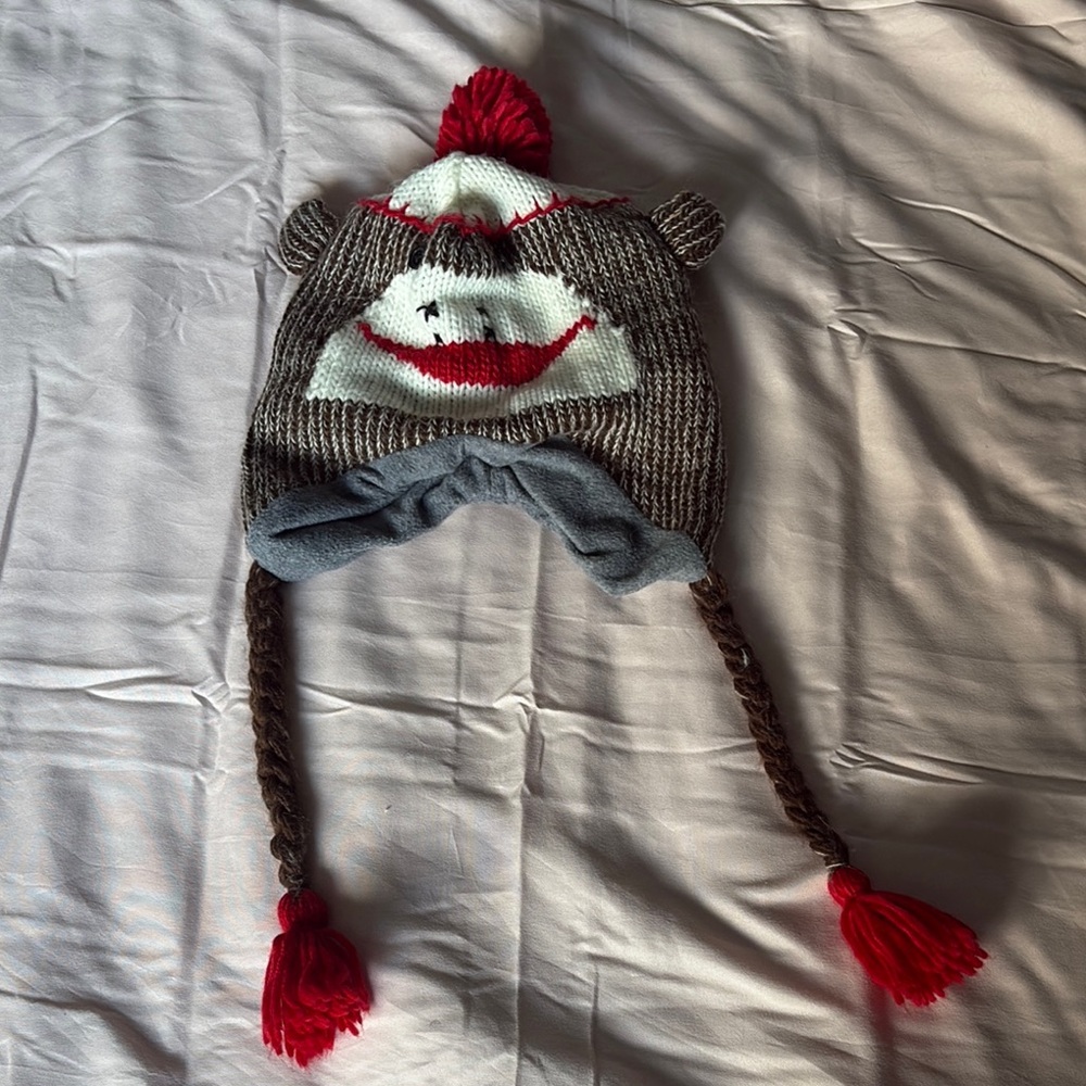 Kids Sock Monkey Knit Hat - Red and Brown
